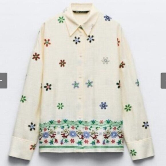 Zara Floral Linen-Blend Long Sleeve Shirt • Size L • Breezy Casual Everyday - Picture 1 of 6